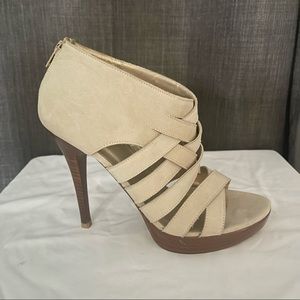 Stuart Weitzman Taupe Suede Cage Heeled Sandals